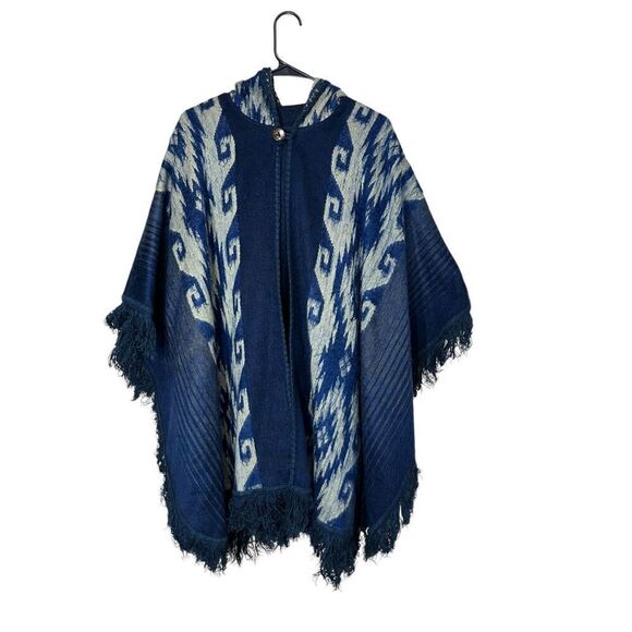 Blue Fringe Southwestern Aztec Fringe Hooded Cardigan Poncho - Picture 1 of 11